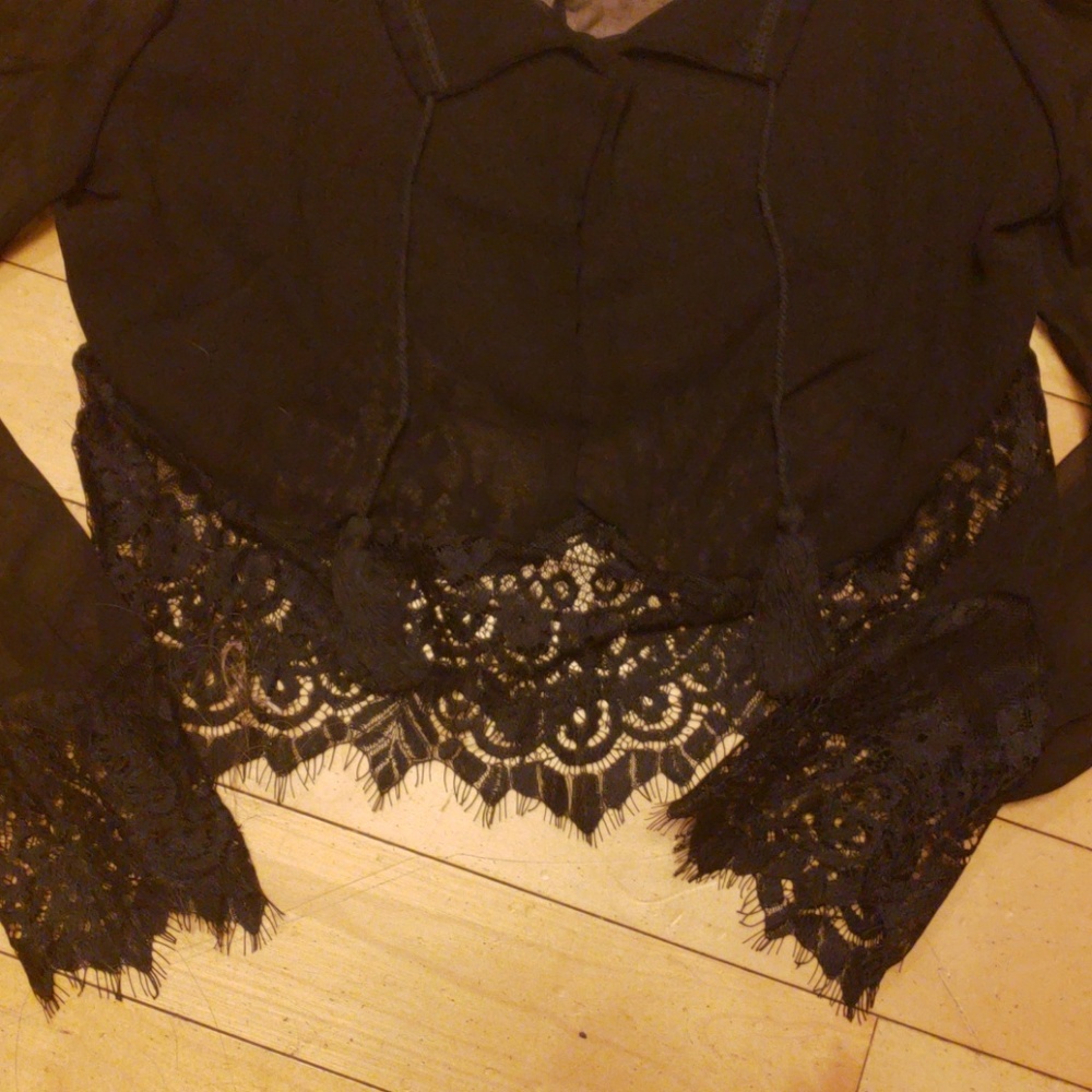 SALE🎊🎉 NEW Shear Chiffon Black Lace Crop Top - Picture 7 of 8